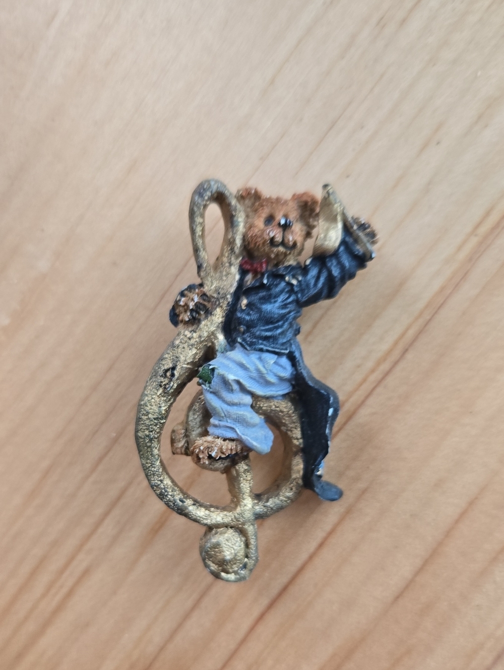 Blue Teddy Bear Brooch with Gold Treble Clef Accent